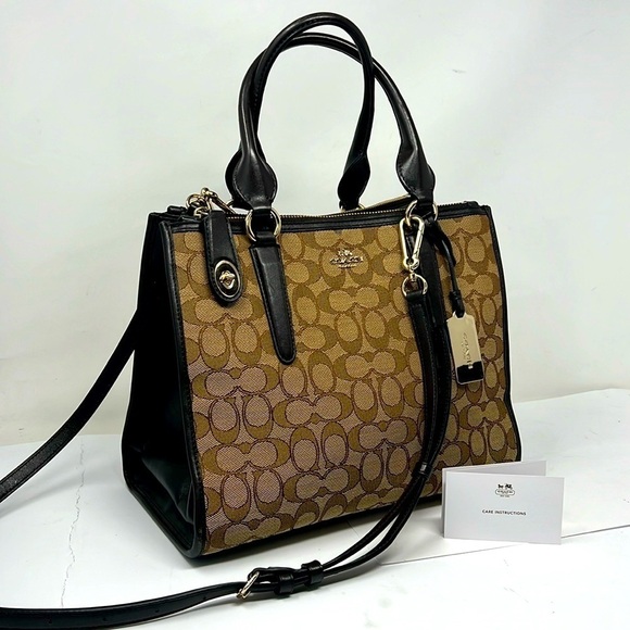Coach Jacquard Logo and Brown Leather Satchel Shoulder Crossbody Bag - Picture 1 of 16
